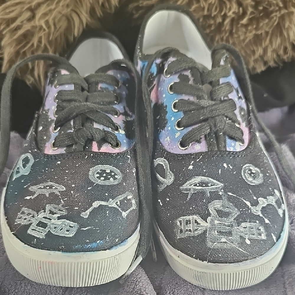 Hand-Painted Time and Tru Black Galaxy Sneakers with Purple/Blue Accents 8 1/2